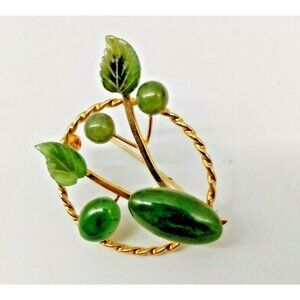 Vintage Green Jade Floral Spray Gold Tone Brooch 1.5" X 2"